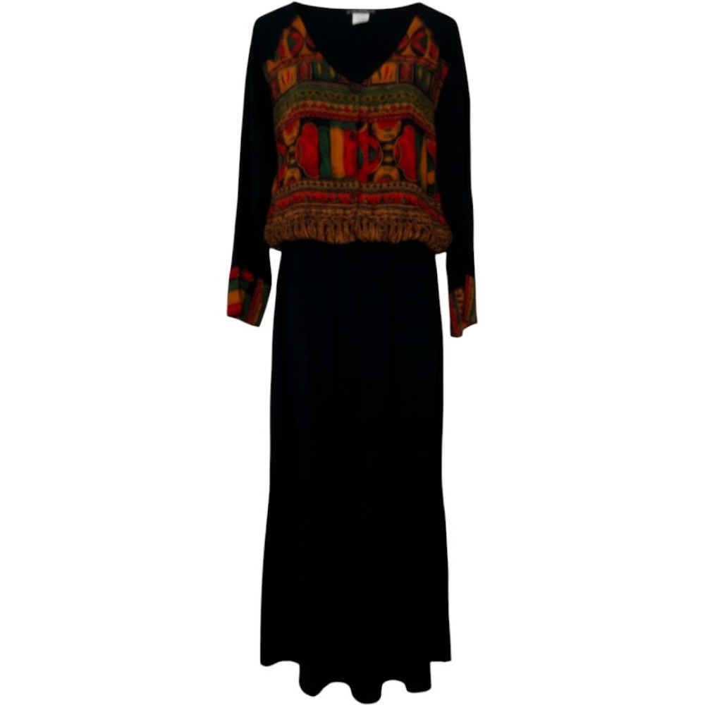 Carole Little Maxi Skirt Set Women 10 Black Tribal Fringe Rayon Boho 2 Piece vtg